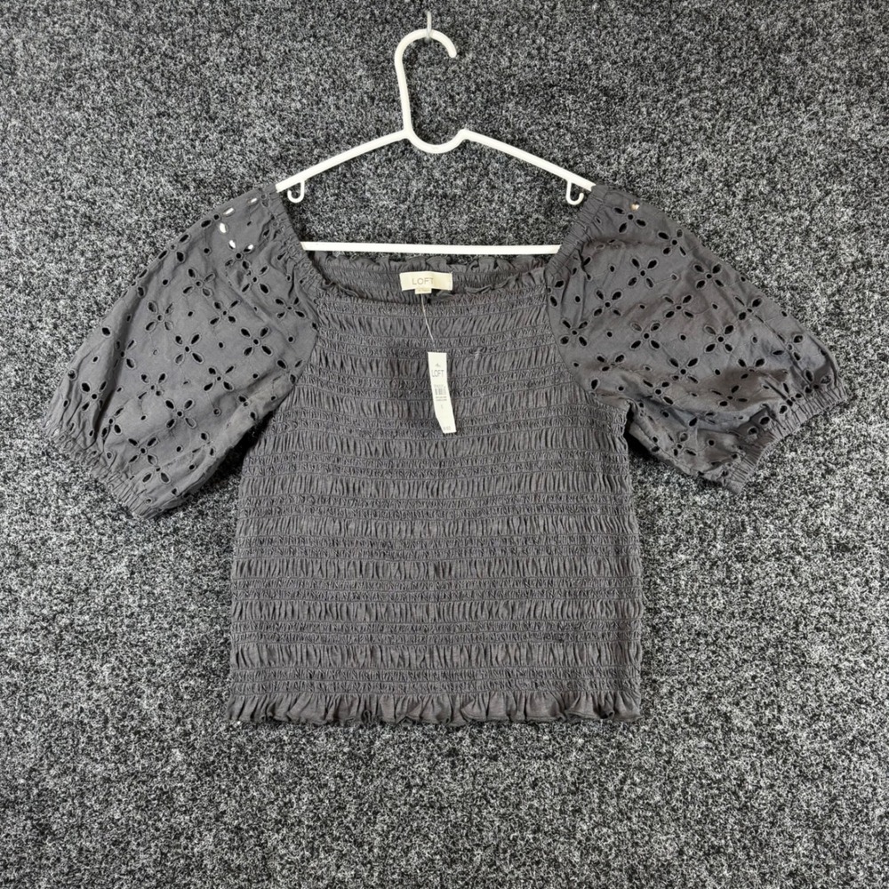 Loft Smocked Eyelet Puff Sleeve Top Grey Square Neck NWT Size S